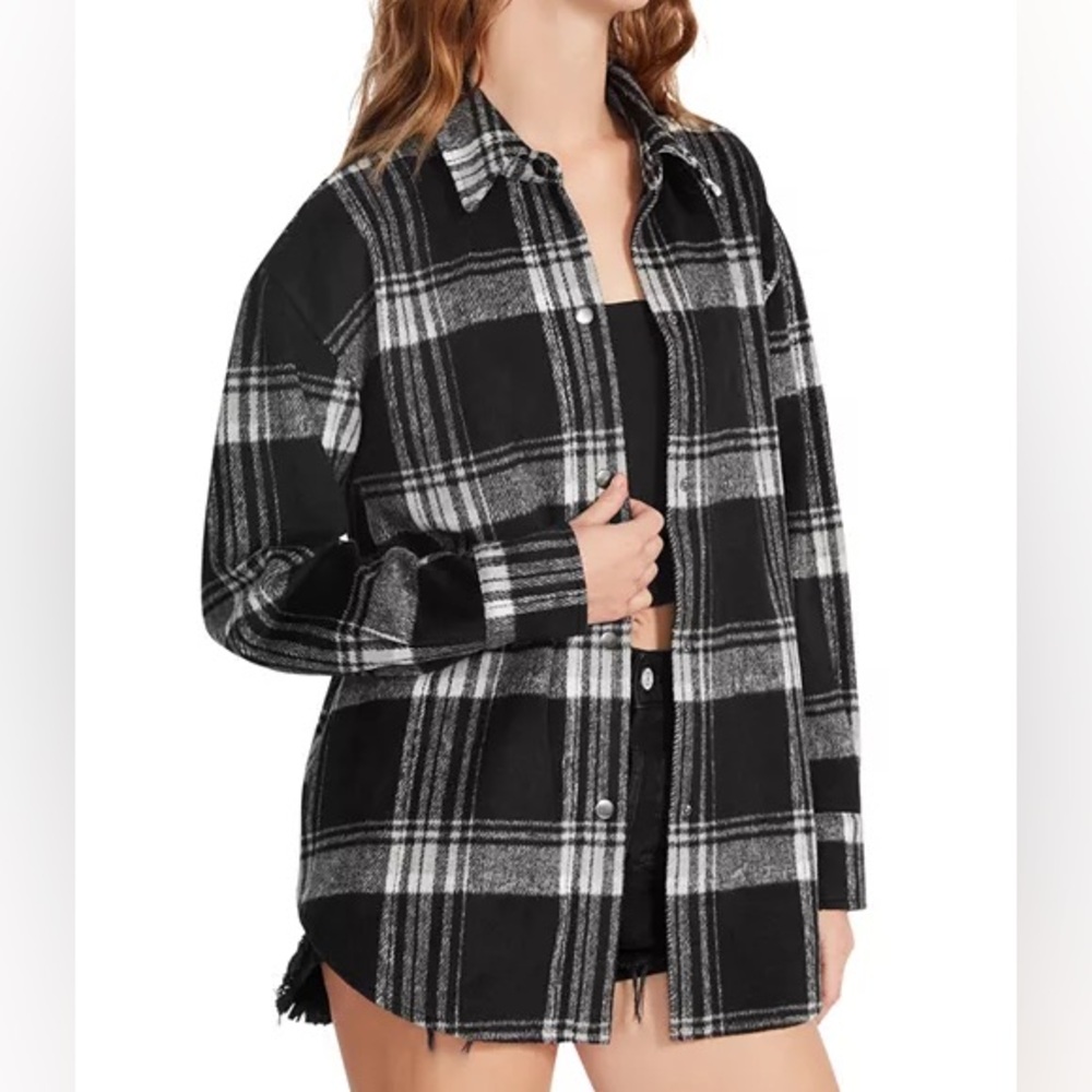 STEVE MADDEN Sophia Plaid Shirt Jacket Shacket Oversized Fit XS BLACK IVORY